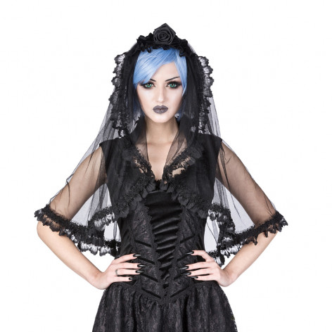 Gothic černý závoj black lace ruffle  