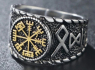 OCELOVÝ PRSTEN VIKING VEGVISIR AND RUNES - GOLD  