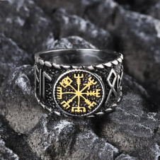 OCELOVÝ PRSTEN VIKING VEGVISIR AND RUNES - GOLD