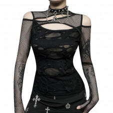 Dámský gothic top SLIM MESH HOLE LONG