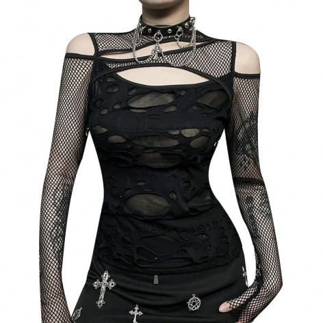 Dámský gothic top SLIM MESH HOLE LONG  